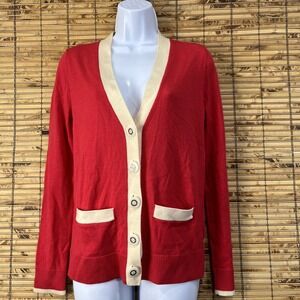 Tory Burch Cardigan Womens S Red Wool Contrast Trim Quiet Luxury Classic Preppy